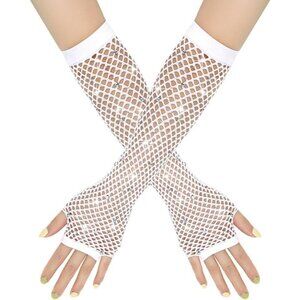 Women's Rhinestones White Fingerless Fishnet Mesh Long Gloves Party Cosplay